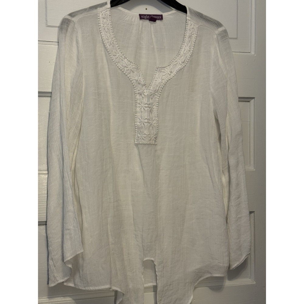 Eight Clovers White‎ Bohemian Tunic • Crochet & Eyelet Embroidery Size L